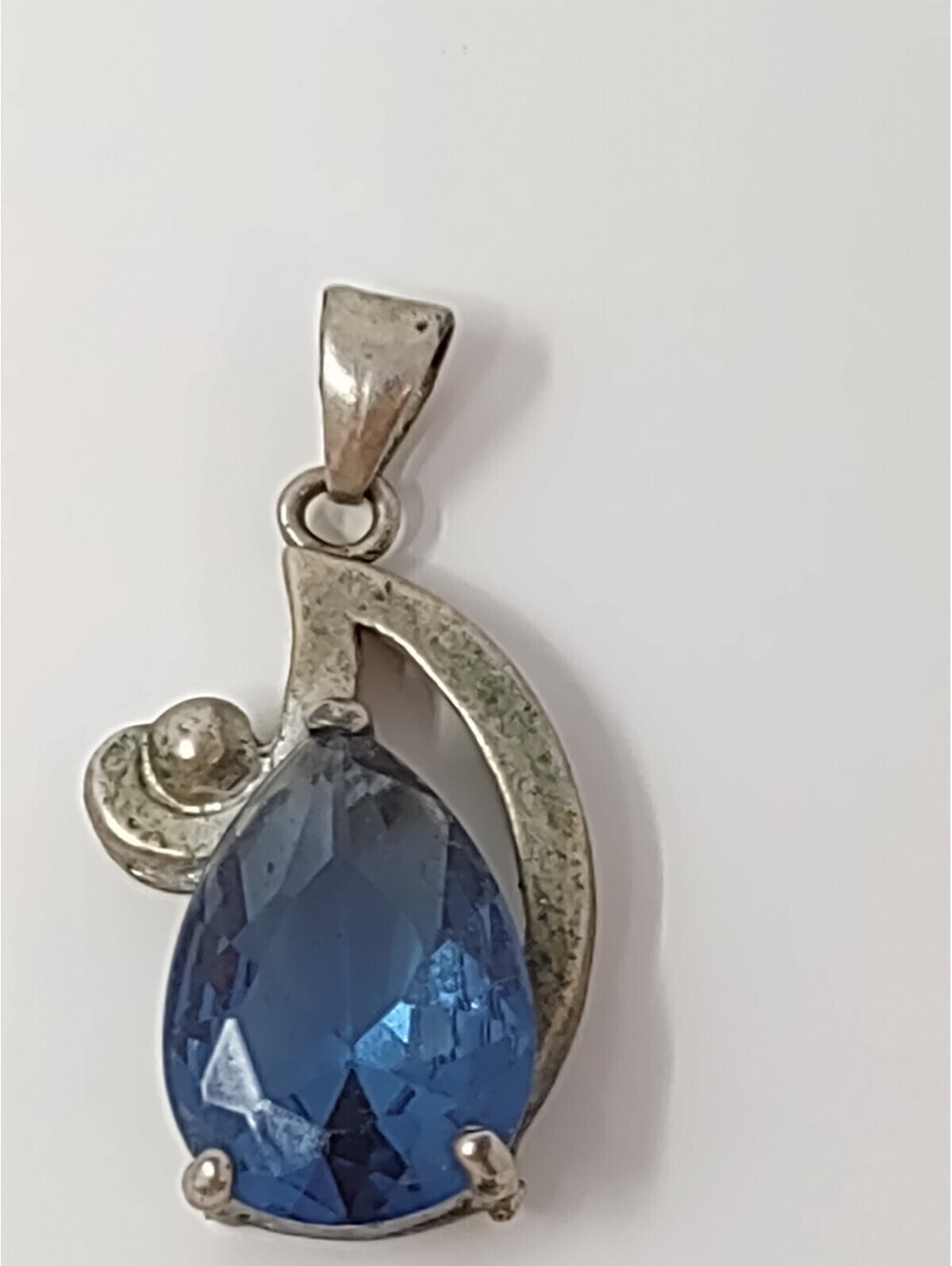 925 Sterling Silver Blue Pear CZ Pendant Vintage Charm 2.1g